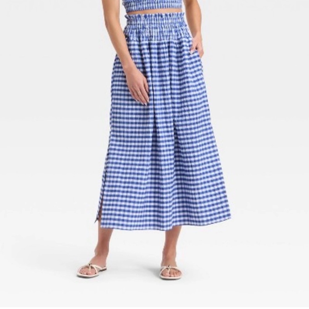 Universal Thread Blue Gingham Midi Skirt with Smocked Waist and Pockets Size XL